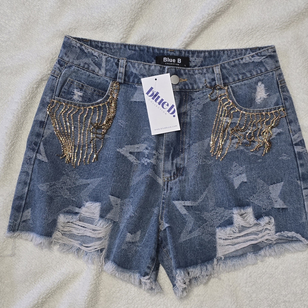 Blue B Women's Distressed Denim Shorts with Gold Fringe